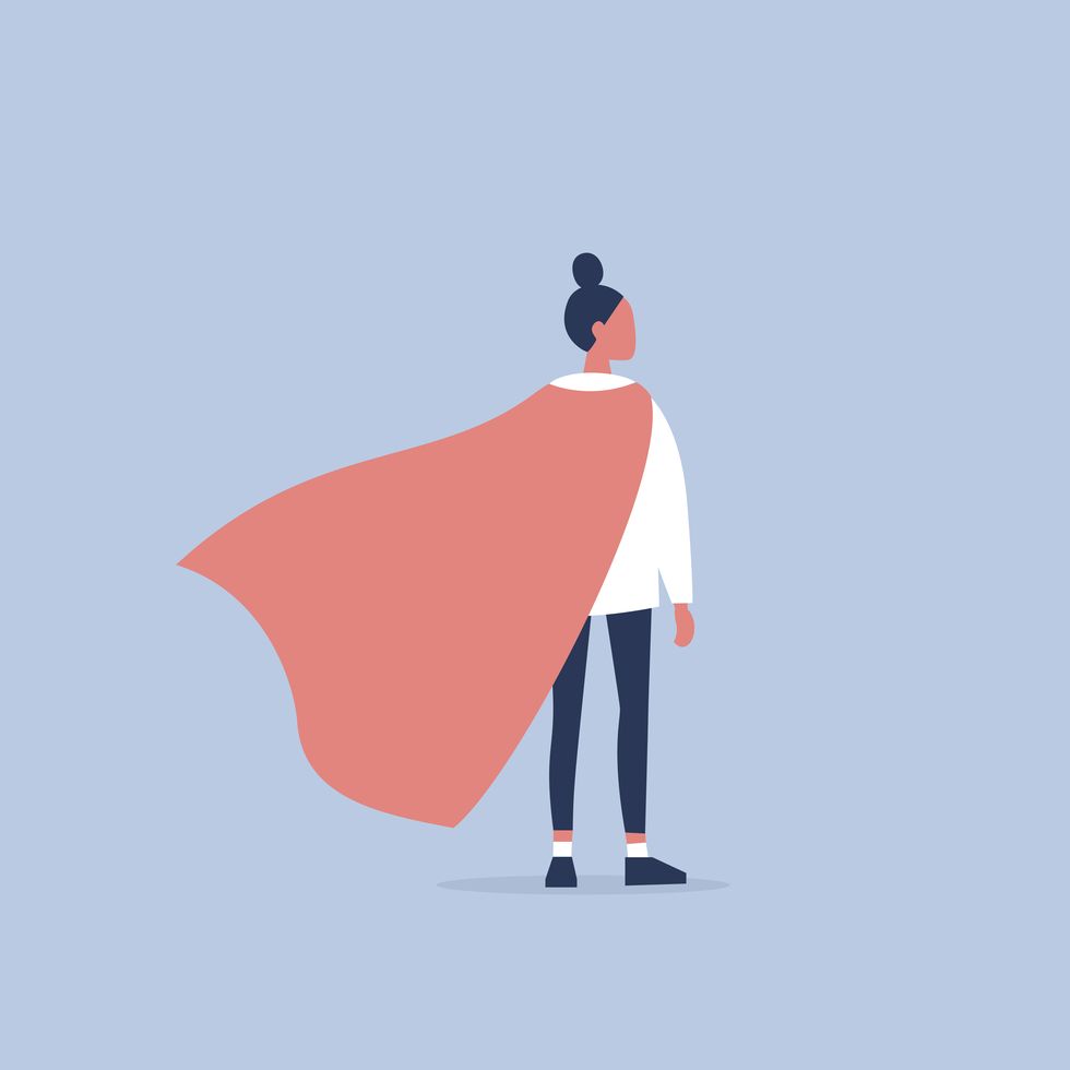 superhero conceptual illustration young female character wearing a superhero cape flat editable vector illustration, clip art