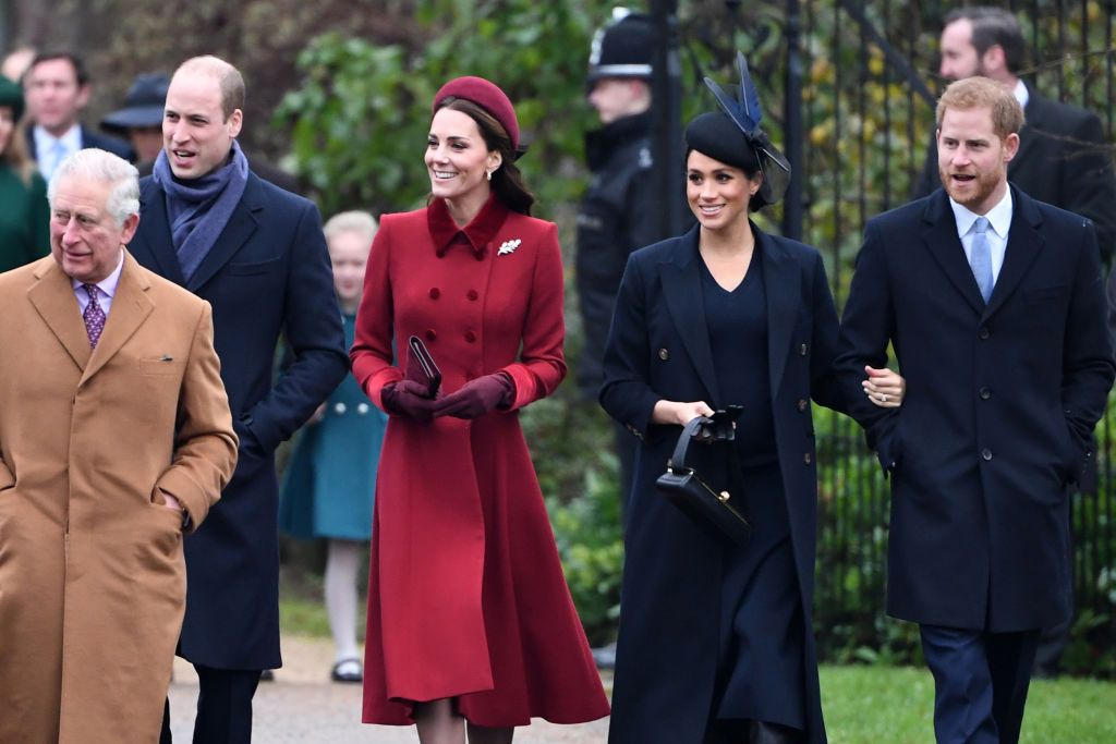 Prince Charles, Prince of Wales, Prince William, Duke of Cambridge, Catherine, Duchess of Cambridge, Meghan, Duchess of Sussex and Prince Harry, Duke of Sussex arrive to attend Christmas Day Church service at Church of St Mary Magdalene on the Sandringham estate on December 25,