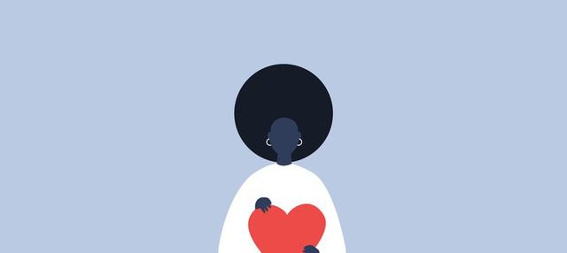 Saint Valentines Day. Young black female character holding a red heart. Relationships. Love. Romance. Emotions. Flat editable vector illustration, clip art
