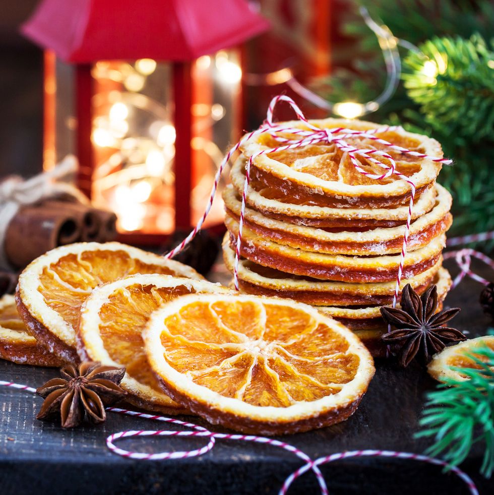 Dried oranges on Holiday Christmas background