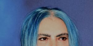 Hair, Face, Blue, Eyebrow, Hairstyle, Lip, Chin, Hair coloring, Turquoise, Head, 