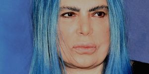Hair, Face, Blue, Eyebrow, Hairstyle, Lip, Chin, Hair coloring, Turquoise, Head, 