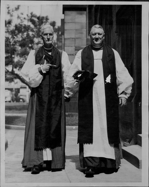 Anglican Synod commences at Chapter House, St Andrews Cathedral..Prior to the commencement of the conference a Service was held in St Andrews Cathedral at which the speaker was the visiting Bishop of Litchfield Rt. Rev. E.S. Woods.He is shown on the left