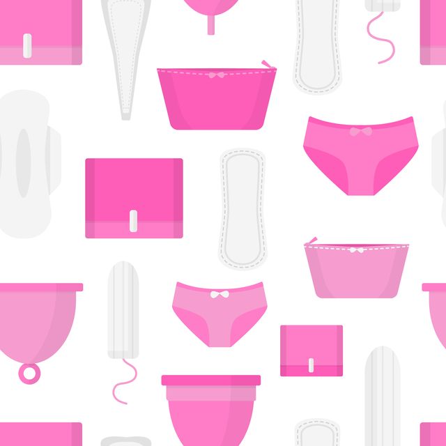 seamless pattern of menstruation time woman hygiene products   tampon, menstrual cup, sanitary flat style
