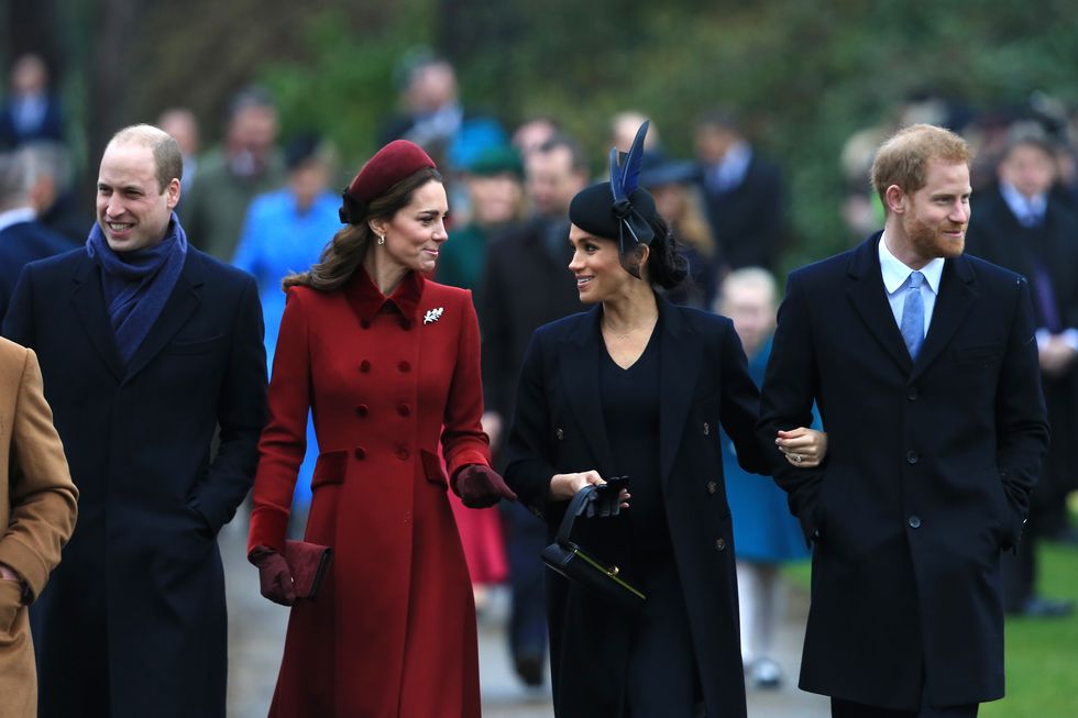 kings lynn, england   december 25 l r prince william, duke of cambridge, catherine, duchess of cambridge, meghan, duchess of sussex and prince harry, duke of sussex arrive to attend christmas day church service at church of st mary magdalene on the sandringham estate on december 25, 2018 in kings lynn, england photo by stephen pondgetty images