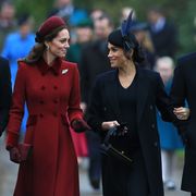 kings lynn, england   december 25 catherine, duchess of cambridge and meghan, duchess of sussex arrive to attend christmas day church service at church of st mary magdalene on the sandringham estate on december 25, 2018 in kings lynn, england photo by stephen pondgetty images