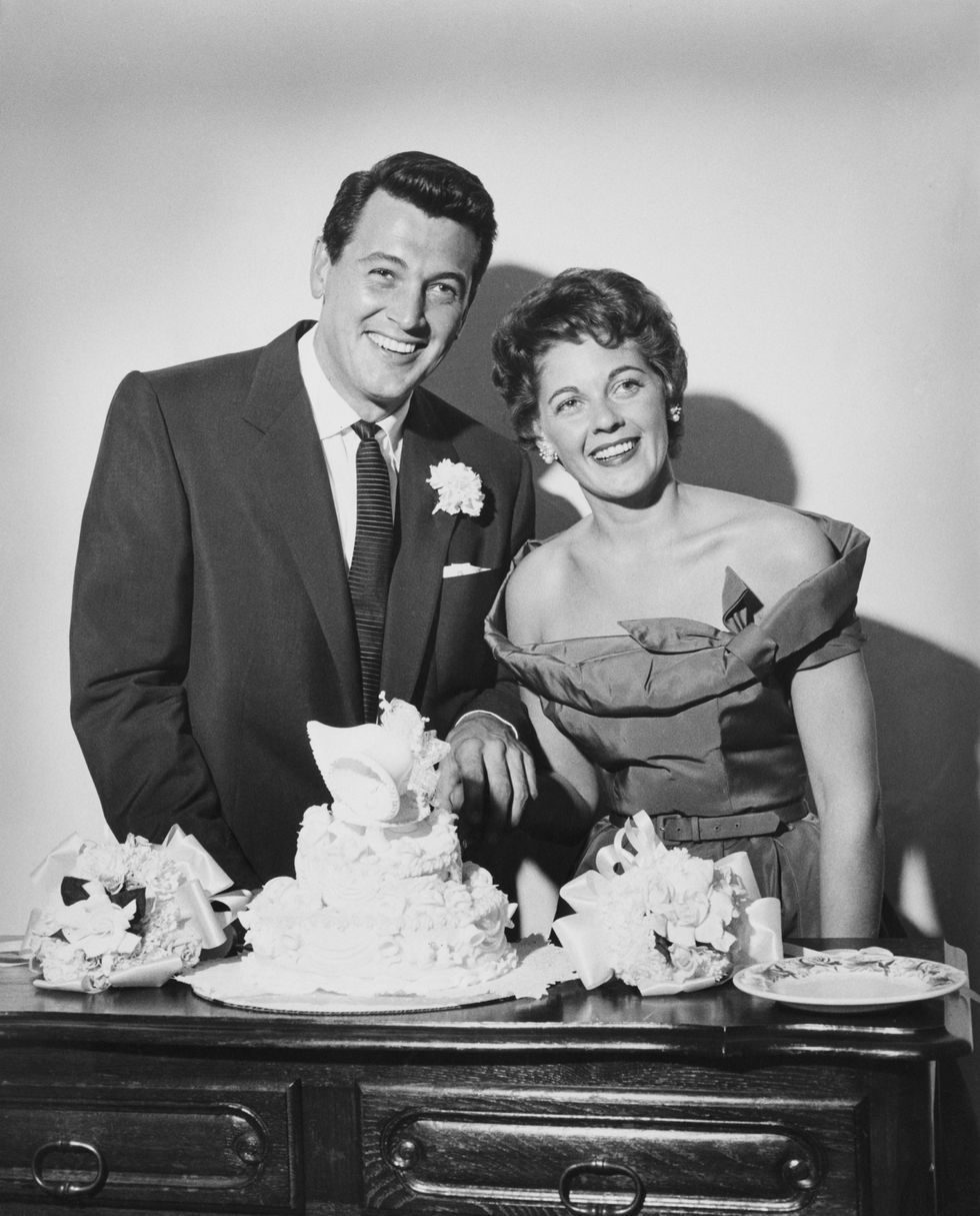 american actor rock hudson 1925   1985 with phyllis gates 1925   2006, on their wedding day, santa barbara, california, 9th november 1955 photo by pictorial paradearchive photosgetty images