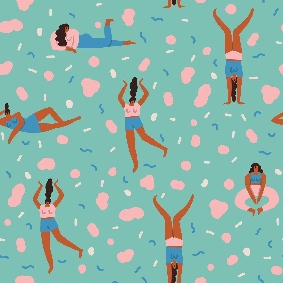 Body positive with various of young women characters in different poses seamless pattern in vector.
