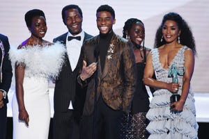 The cast of Black Panther accepts Outstanding Performance by a Cast in a Motion Picture onstage during the 25th Annual Screen Actors Guild Awards at The Shrine Auditorium on January 27, 2019 in Los Angeles, California.