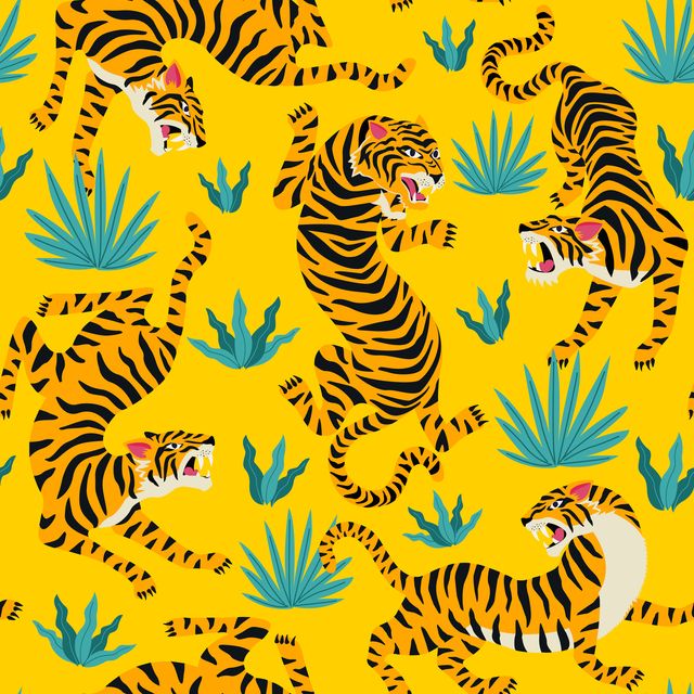 vector seamless pattern with cute tigers on background circus animal show fashionable fabric design