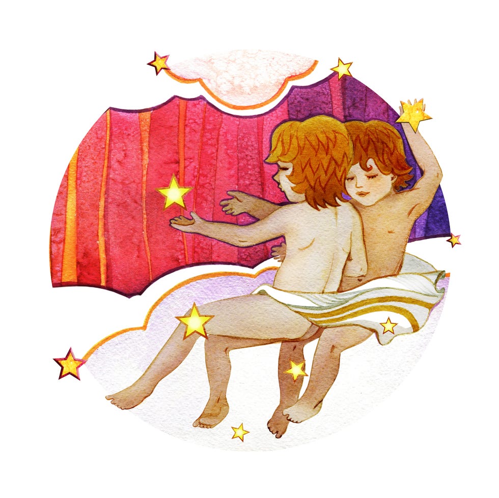 astrological sign of the zodiac gemini two boys, on a round pattern background