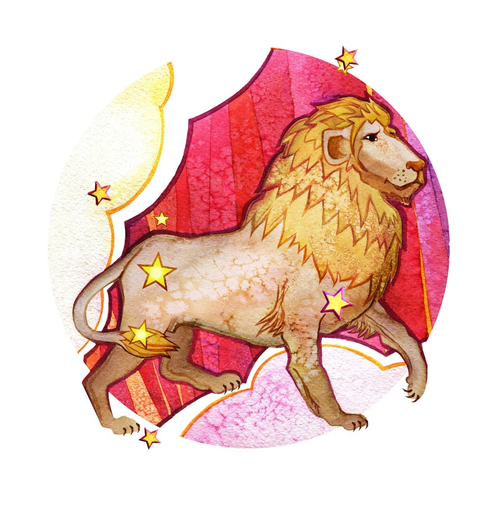 astrological sign of the zodiac leo, watercolor in retro style, on a round pattern background