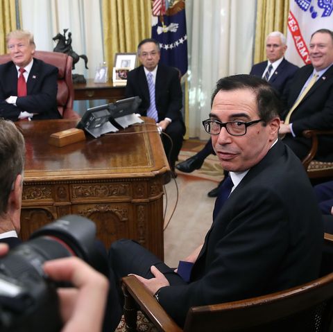 washington, dc   january 31 secretary of the treasury steven mnuchin listens to a question as us president donald trump meets with chinese vice premier liu he, in the oval office at the white house on january 31, 2019 in washington, dc us china top trade officials have finished two days of face to face trade talks to end a months long trade war between the worlds two largest economies  photo by mark wilsongetty images