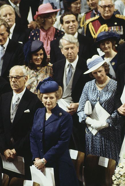 the wedding of prince charles and lady diana spencer at st pauls cathedral in london, 29th july 1981 the bride arrives on the arm of her father, john spencer, 8th earl spencer amongst the wedding guests pictured are prime minister margaret thatcher with her husband denis thatcher and politicians william whitelaw, michael heseltine and leon brittan photo by serge lemoinehulton archivegetty images