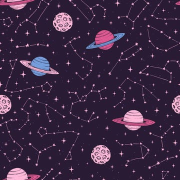 Hand drawn seamless pattern with zodiac constellations, planets and moons in pink pastel colors on the dark background. Cosmic backdrop.