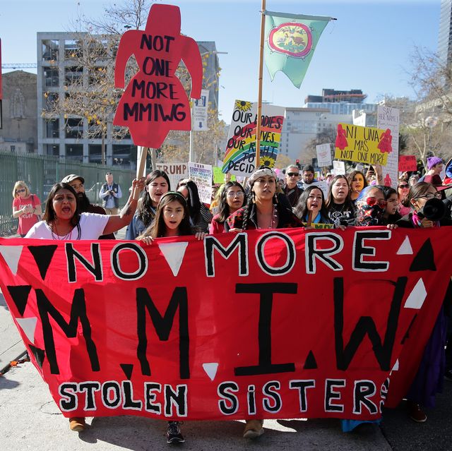 los angeles, california   january 19  activists march for missing and murdered indigenous women at the womens march california 2019 on january 19, 2019 in los angeles, california demonstrations are slated to take place in cities across the country in the third annual event aimed to highlight social change and celebrate womens rights around the world photo by sarah morrisgetty images