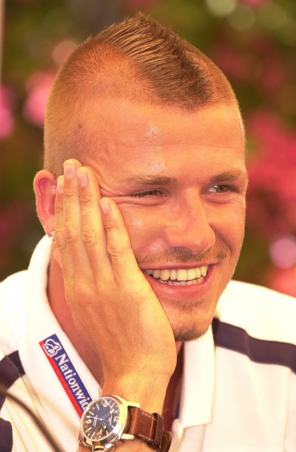3 jun 2001: david beckham of england during a press conference at the la manga training camp in mercia, spain. digital image. mandatory credit: ross kinnaird/allsport
