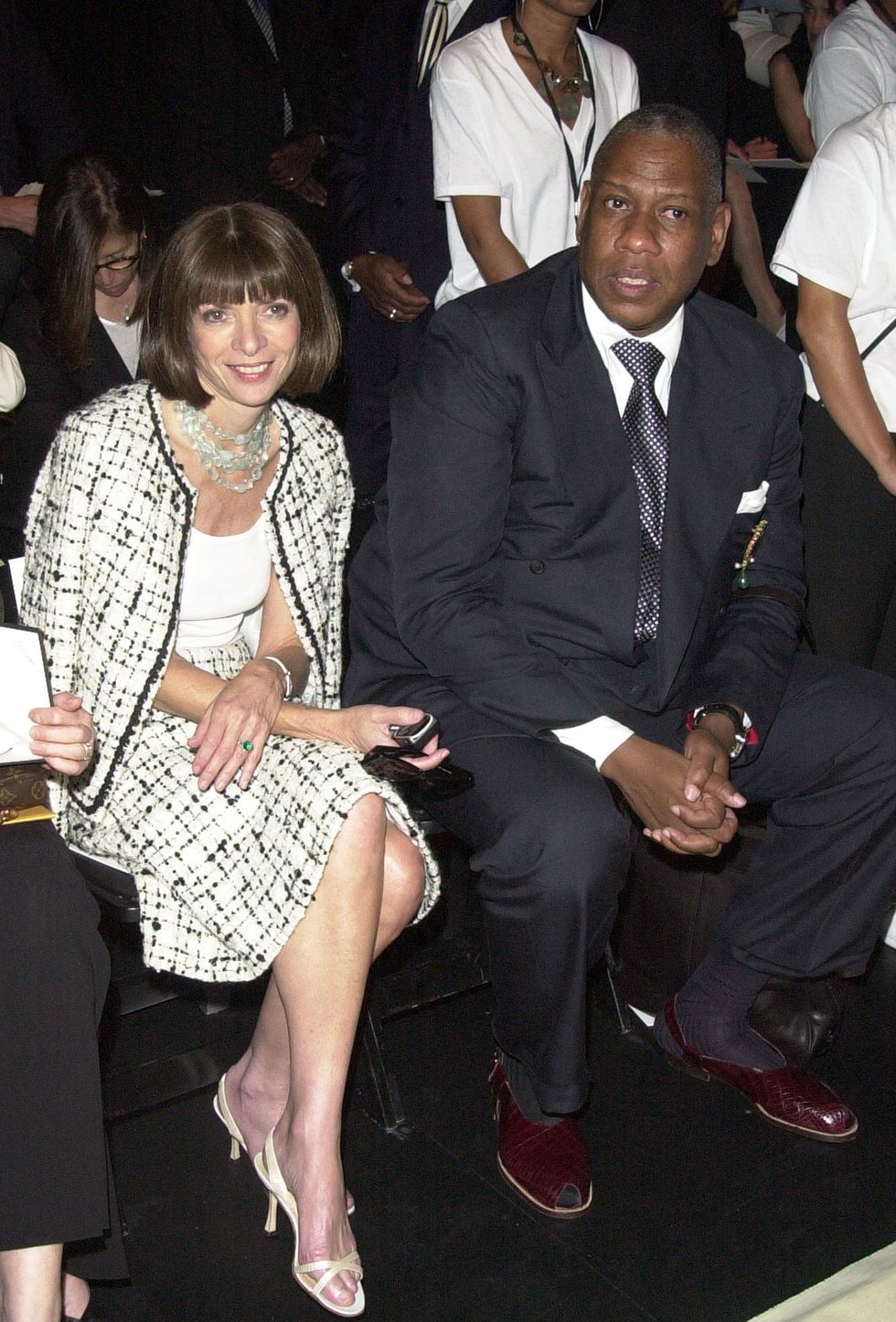anna wintour and andre leon talley during mercedes benz fashion week spring collections 2003   oscar de la renta show   runway and front row in new york city, new york, united states photo by djamilla rosa cochranwireimage