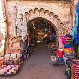 souvenirs on the jamaa el fna market in old medina, marrakesh, morocco