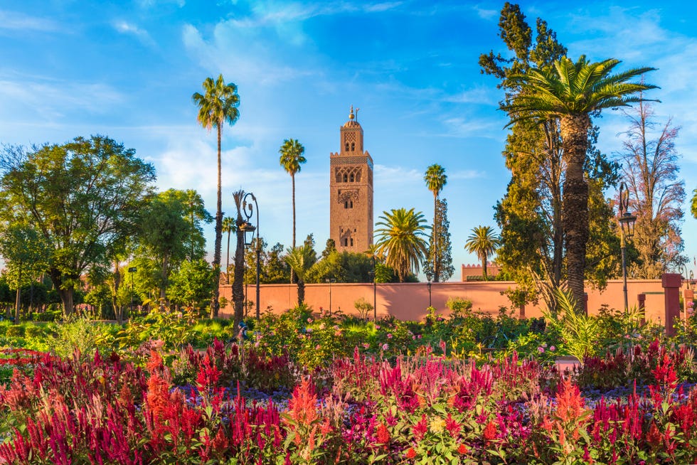 view of koutoubia mosque and gardem in marrakesh, morocco