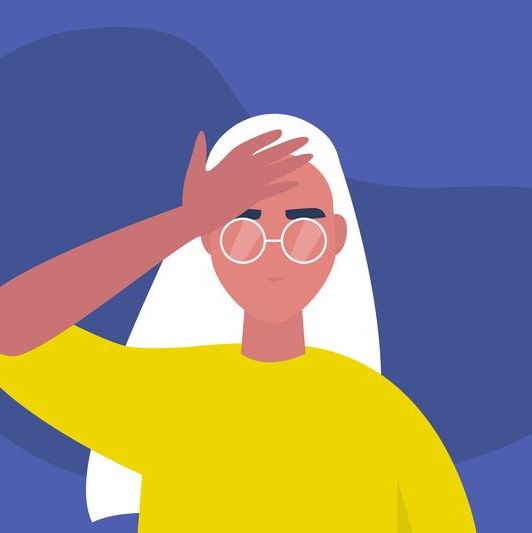 facepalm gesture problem trouble young female character with a hand palm on a forehead conceptual flat editable vector illustration, clip art
