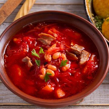 Soup made with vegetables, meat, bean and beet root: borsht, bortsch, borshch, borscht