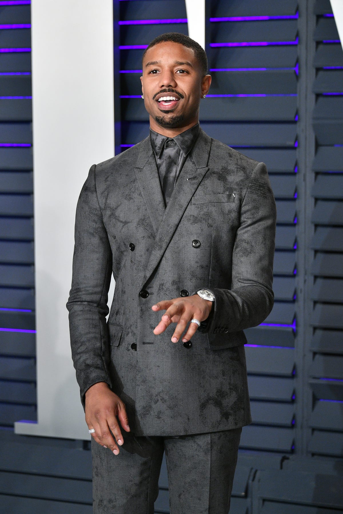 Prada - Michael B. Jordan wore a #Prada Blue navy wool and mohair double  breasted tuxedo and black stretch poplin shirt while attending the Critic  Choice Association's 5th Annual Celebration of Black