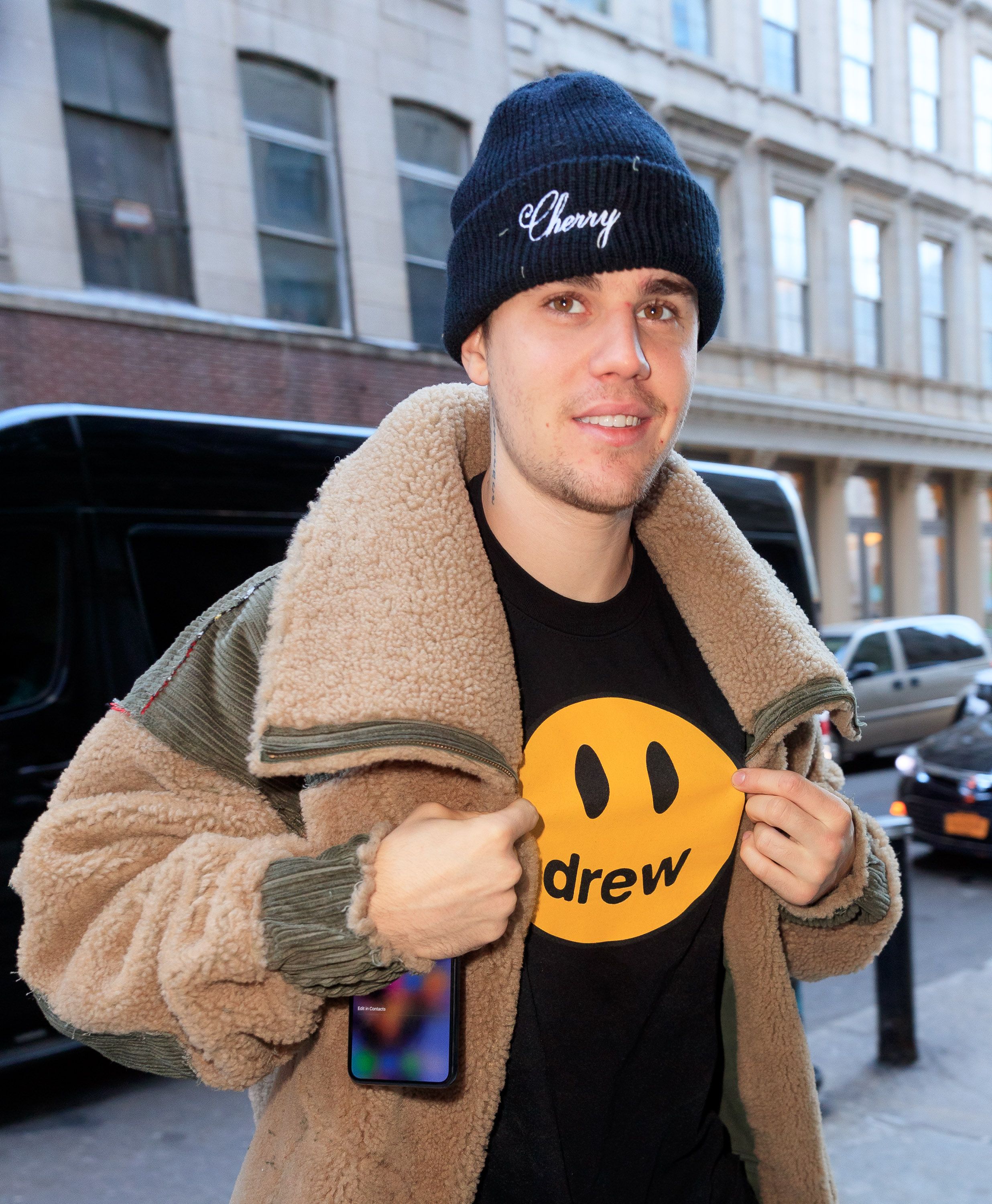 Justin Bieber Wears Streetwear Line House' With Handle With Freedom Fleece Jacket in New York City