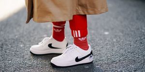 White, Red, Footwear, Shoe, Human leg, Ankle, Leg, Street fashion, Carmine, Joint, 