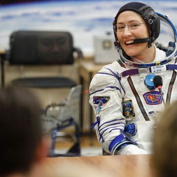 NASA astronaut Christina Hammock Koch, a member of the International Space Station (ISS) expedition 59/60, reacts as her spacesuit is tested prior to the launch onboard the Soyuz MS-12 spacecraft from the Russian-leased Baikonur cosmodrome in Kazakhstan on March 14, 2019.