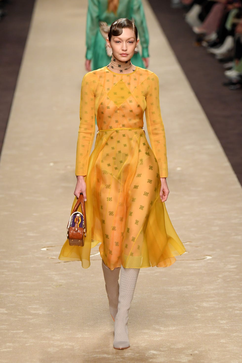Human, Yellow, Fashion show, Runway, Style, Fashion model, Fashion, Model, Waist, Costume design, 