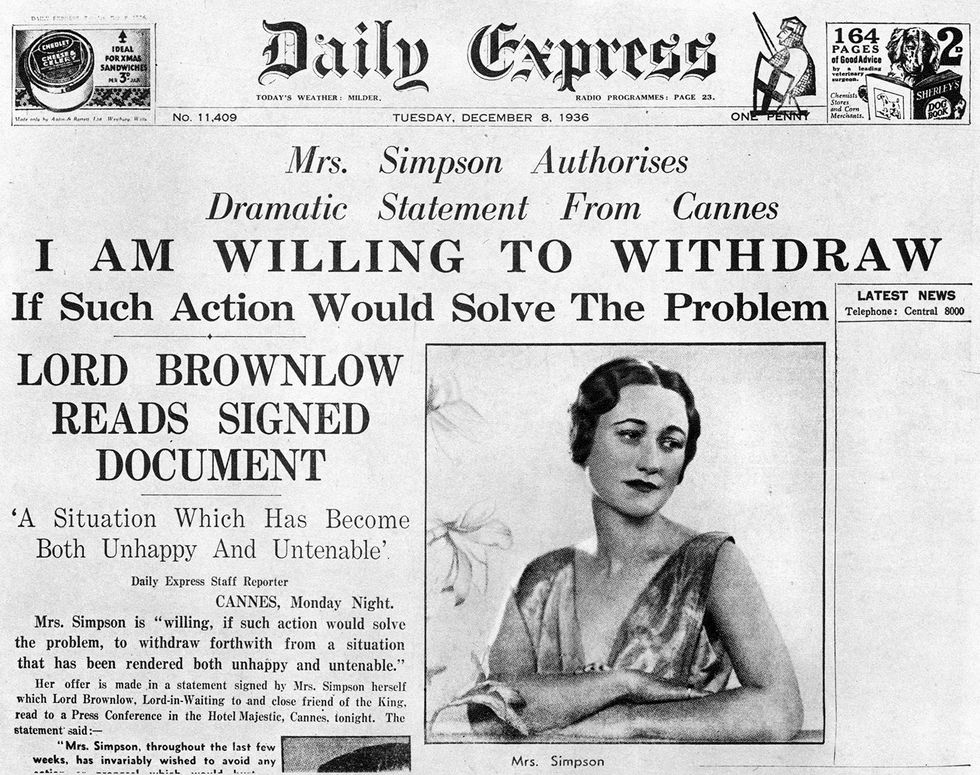 unspecified   circa 1754 mrs simpson offers to 'withdraw', 8 december 1936 article on the front page of the 'daily express' about american socialite wallis simpson 1896 1986 mrs simpson's relationship with king edward viii 1894 1972 eventually led to his abdication photo by universal history archivegetty images