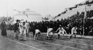 athens   1896  the start of the 100 meters sprint at the first olympic games of the modern era in athens, greece photo by getty images