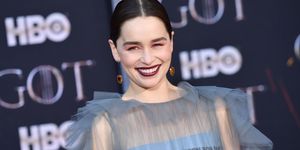 Emilia Clarke brunette hair up-do at Game Of Thrones season 8 premiere