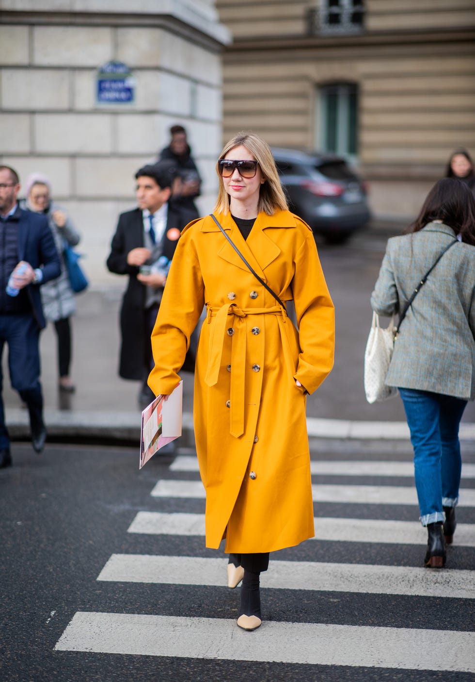 Yellow, Street fashion, Orange, Clothing, Fashion, Outerwear, Snapshot, Street, Standing, Overcoat, 