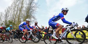 frances groupama   fdj cycling team rides on the pont thibault to ennevelin cobbled stones sector 9 during the 117th edition of the paris roubaix one day classic cycling race, between compiegne and roubaix, near ennevelin, northern france on april 14, 2019 photo by anne christine poujoulat  afp        photo credit should read anne christine poujoulatafp via getty images