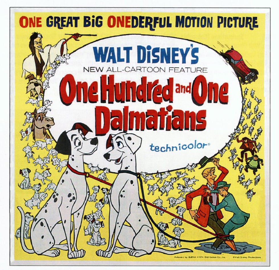 one hundred and one dalmatians, poster, aka 101 dalmatians, from upper left cruella de vil, the colonel, captain, pongo, perdita, roger, anita, 1961 photo by lmpc via getty images