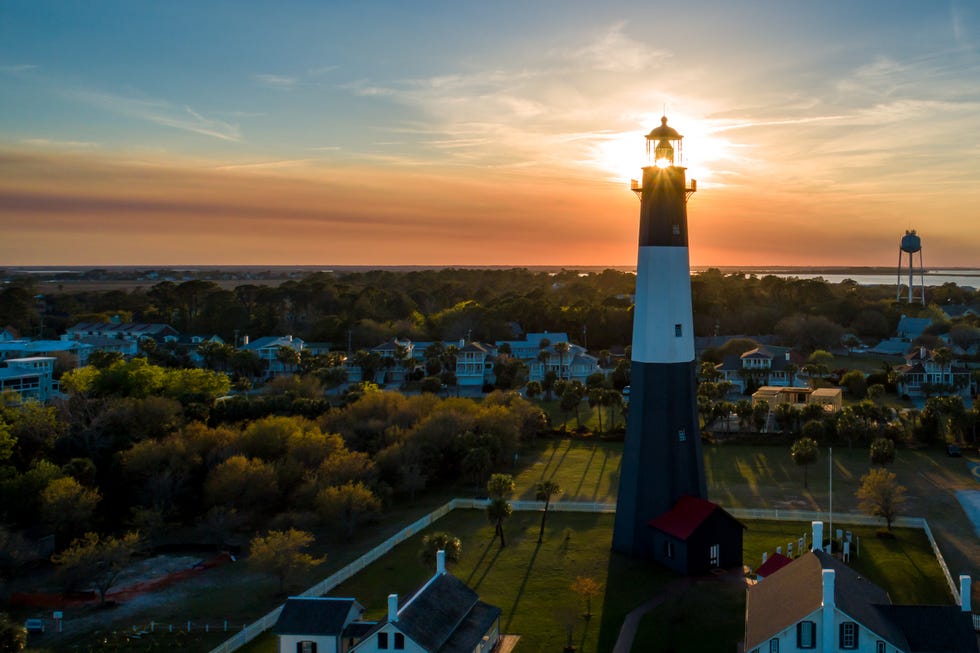 aerial view of the historic tybee island light, as its officially known, taken at dusk