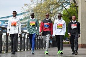 l r mens elite runners ethiopias tamirat tola, kenyas abraham kiptum, britains mo farah, kenyas eliud kipchoge and ethiopias shura kitata walk during a photocall for the london marathon at tower bridge in central london on april 24, 2019 photo by ben stansall afp photo credit should read ben stansallafp via getty images