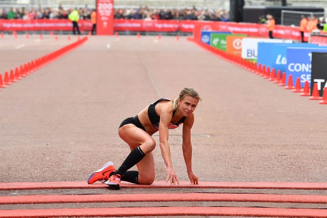 Hayley Carruthers crawls over London Marathon finish line