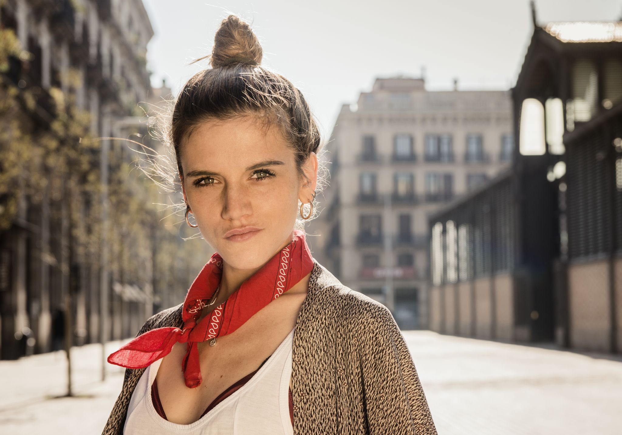 Young woman posing on street, El Born, Barcelona, Spain