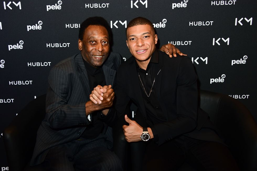 paris, france   april 02 l r edson arantes do nascimento aka pele and kylian mbappe attend  the hublot loves football pele and kylian mbappe meeting at hotel lutetia on april 02, 2019 in paris, france photo by anthony ghnassiagetty images for hublot