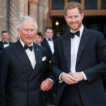 king charles and prince harry stand next to each other and smile, both men wear suit jackets, bow ties, and white collared shirts