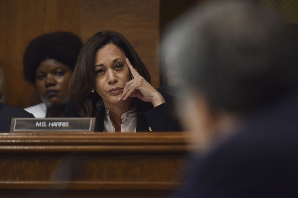 Kamala Harris questions Attorney General William Barr as Barr testifies before the Senate Judiciary Committee at the Dirksen Building on May 1, 2019, in Washington, D.C.