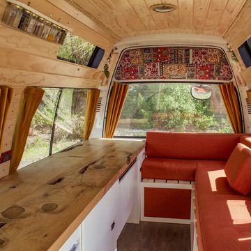 a front view shot of the interior of a cozy motor home in new zealand