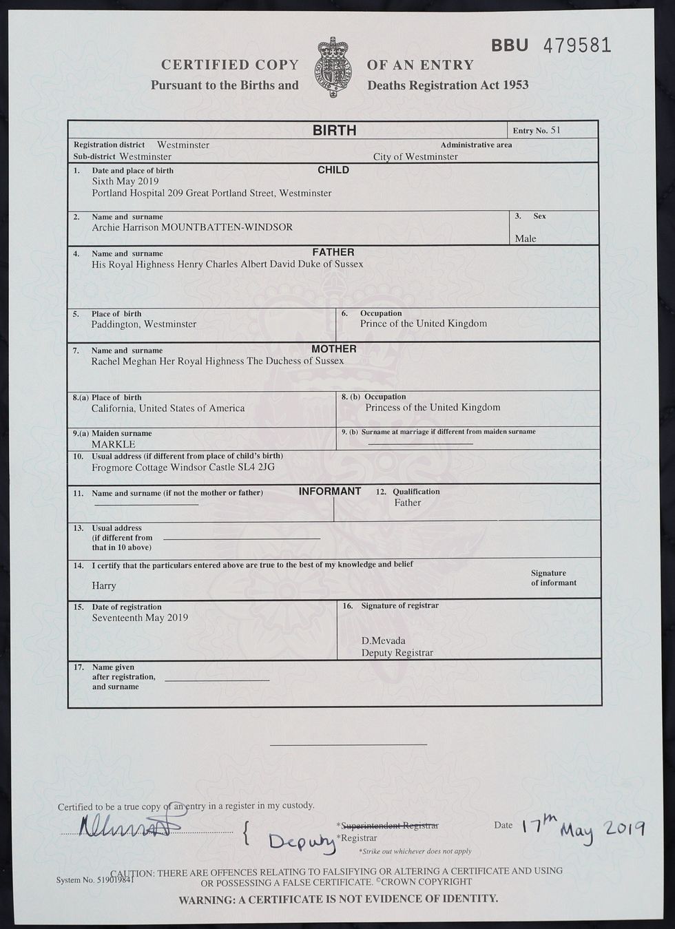 the birth certificate of archie harrison mountbatten windsor, son of the duke and duchess of sussex, who was born at the portland hospital in london photo by jonathan bradypa images via getty images
