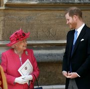 windsor, england may 18 queen elizabeth ii speaks with prince harry, duke of sussex as they leave after the wedding of lady gabriella windsor to thomas kingston at st georges chapel, windsor castle on may 18, 2019 in windsor, england photo by steve parsons wpa poolgetty images