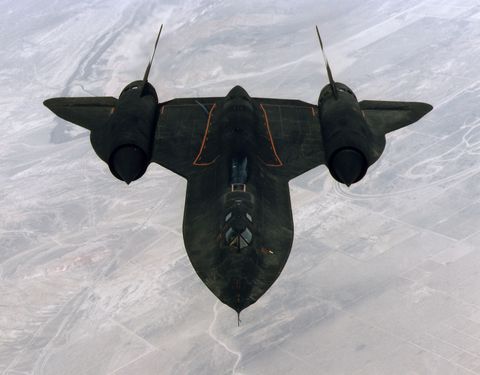sr 71b blackbird aerial reconnaisance aircraft in head on view during a training mission february 2, 1997