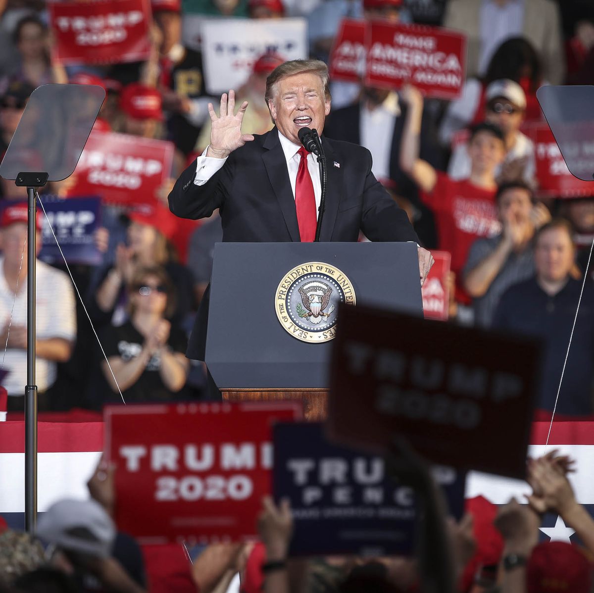 montoursville, pa   may 20 us president donald trump speaks during a 'make america great again' campaign rally at williamsport regional airport, may 20, 2019 in montoursville, pennsylvania trump is making a trip to the swing state to drum up republican support on the eve of a special election in pennsylvania's 12th congressional district, with republican fred keller facing off against democrat marc friedenberg photo by drew angerergetty images