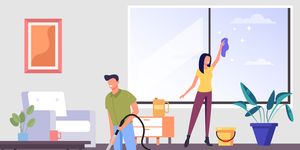 two people man and woman characters cleaning living room apartment together house work concept vector flat graphic design cartoon